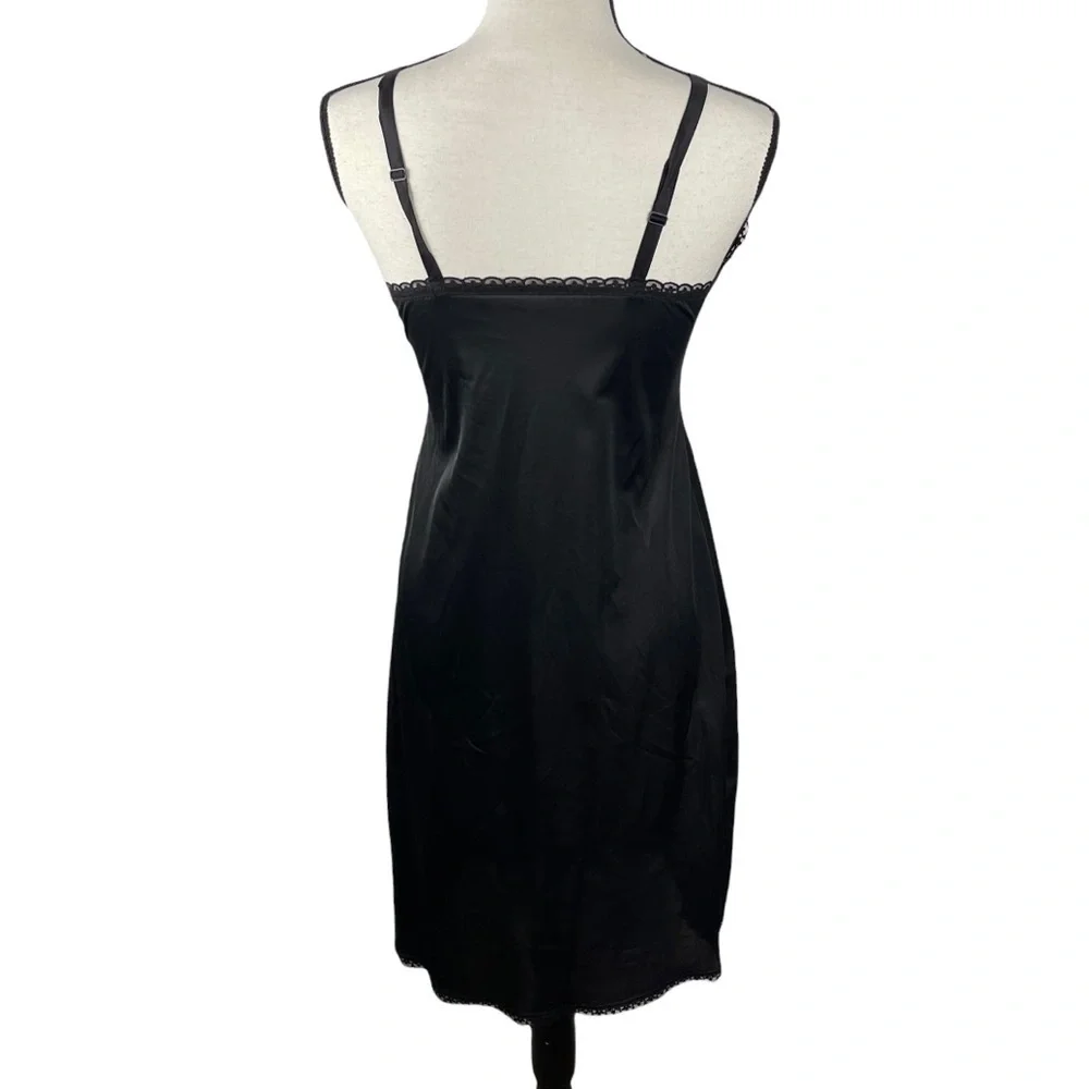 Vintage Black 100% Nylon with Floral V Neck Trim Slip Dress - Picture 7 of 12